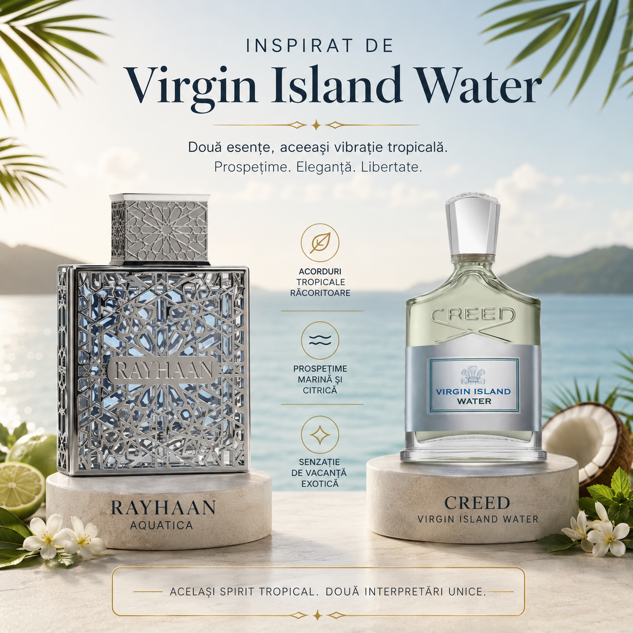 Acorduri principale Rayhaan Aquatica, parfum Arăbesc fresh exotic cu note de lăm&acirc;ie verde, cocos, zahăr, bergamotă, rom și mosc